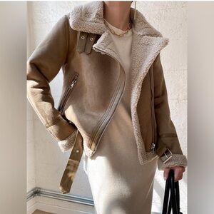 ZARA Brown Beige Tan Faux Shearling Motto Metal Buckle Lapel Double Faced Jacket
